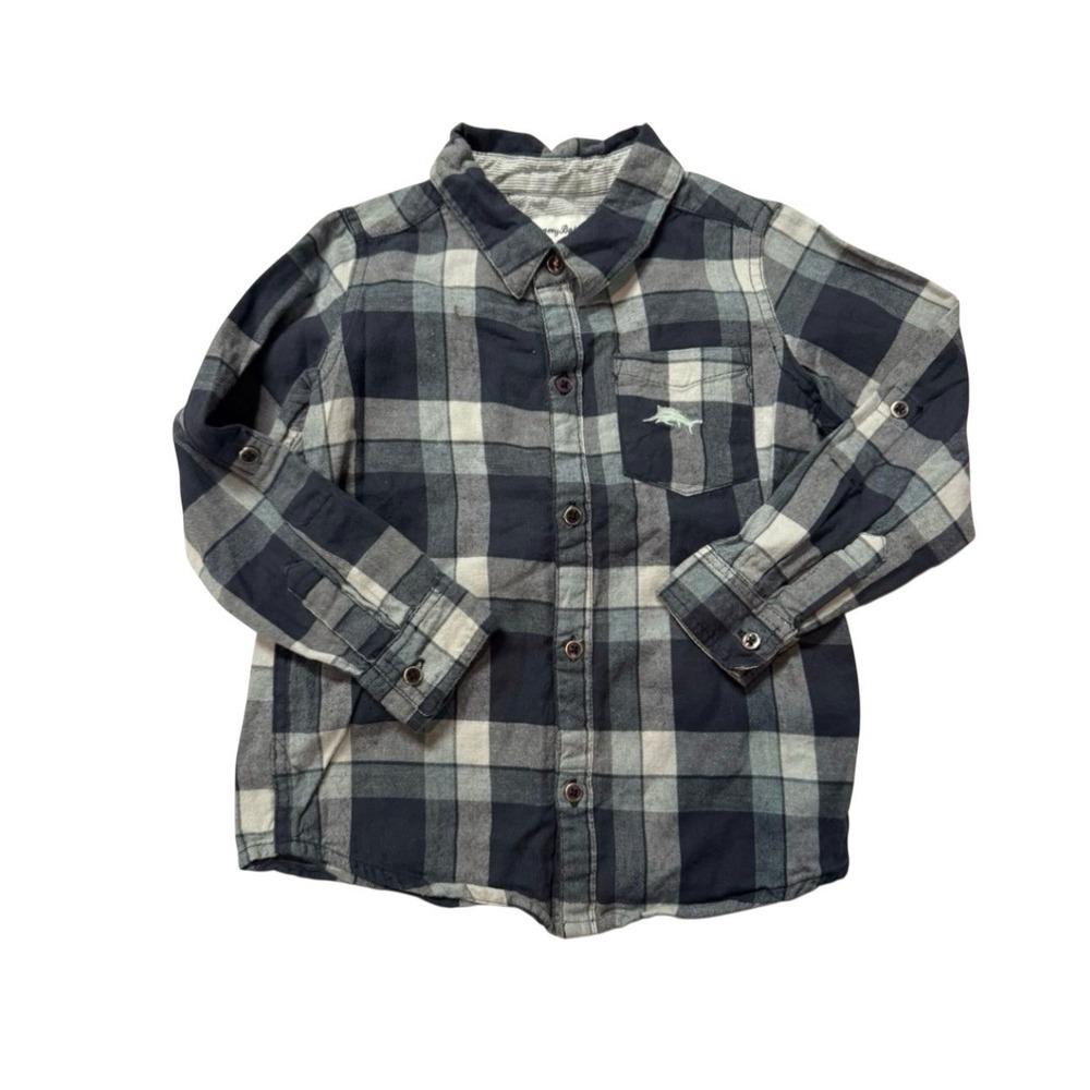 Navy and White Plaid Button-Down Shirt